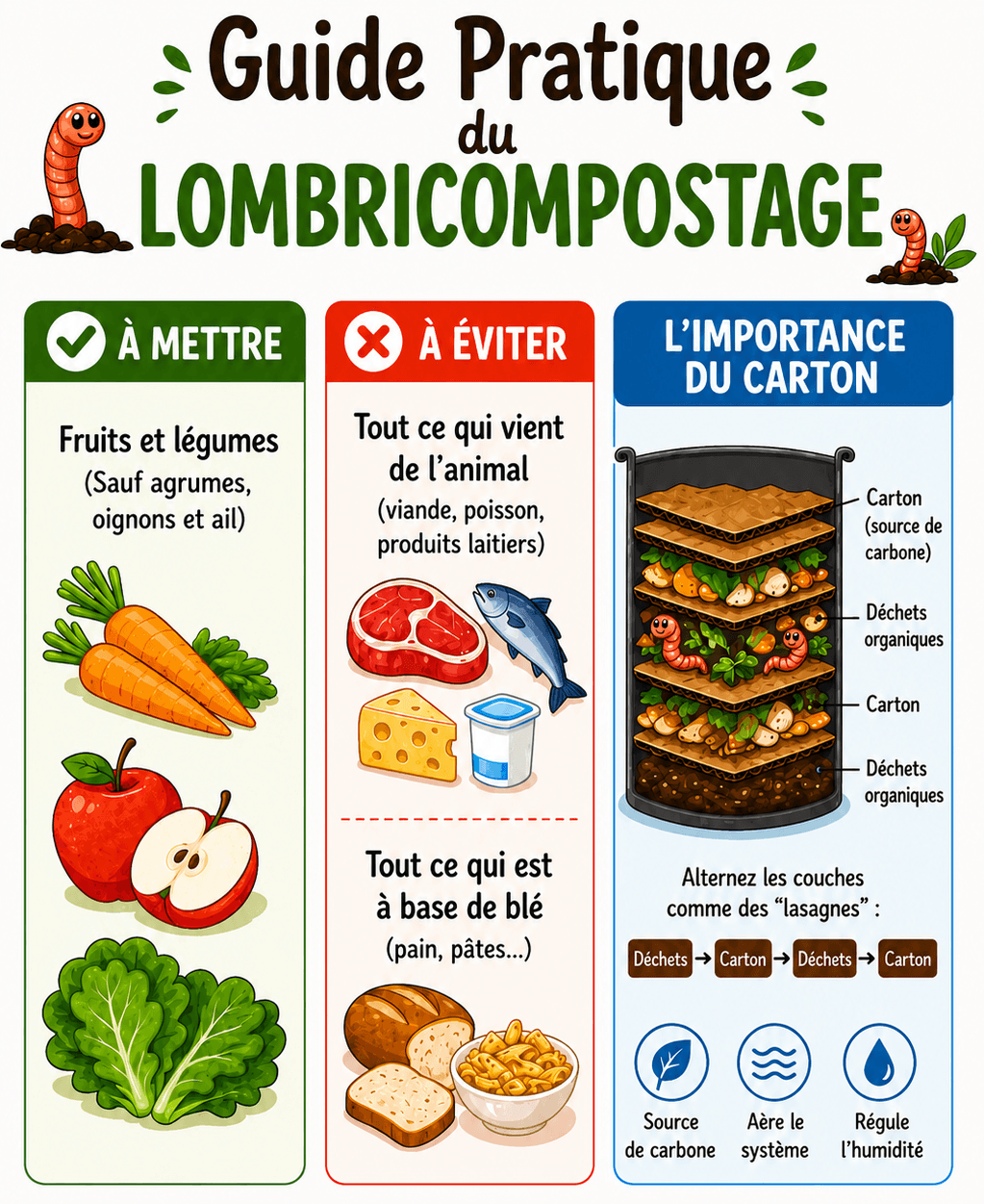 Guide pratique du lombricompostage : aliments à mettre, aliments à éviter et importance du carton